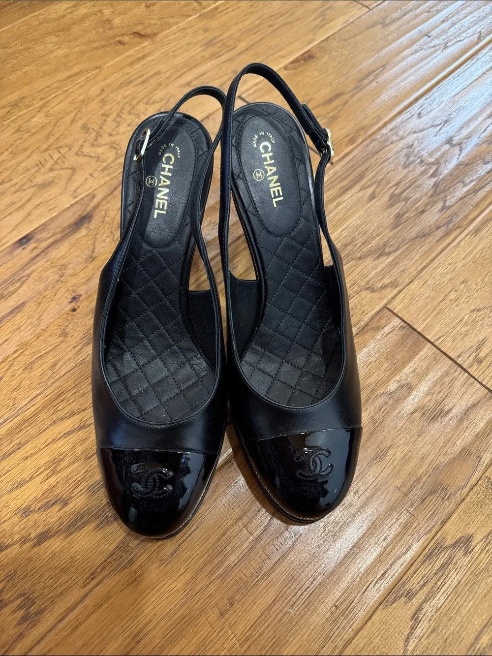 CHANEL Black Leather Slingback Quilted Insole Ballet Mules